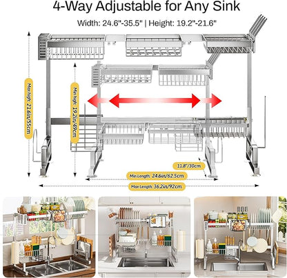ADBIU Luxurious 304 Stainless Steel Over Sink Dish Drying Rack (Suitable for Sink Length 24.6"- 36.2") Snap-On Design 2 Tier Large Kitchen Dish Rack Stainless Steel Counter Organization and Storage