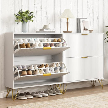 Shoe Storage Cabinet with 2 Flip Drawers, Fluted White Shoe Cabinet Storage for Entryway Slim, Narrow Shoe Organizer Cabinet, Modern Freestanding Shoe Rack for Entryway, White