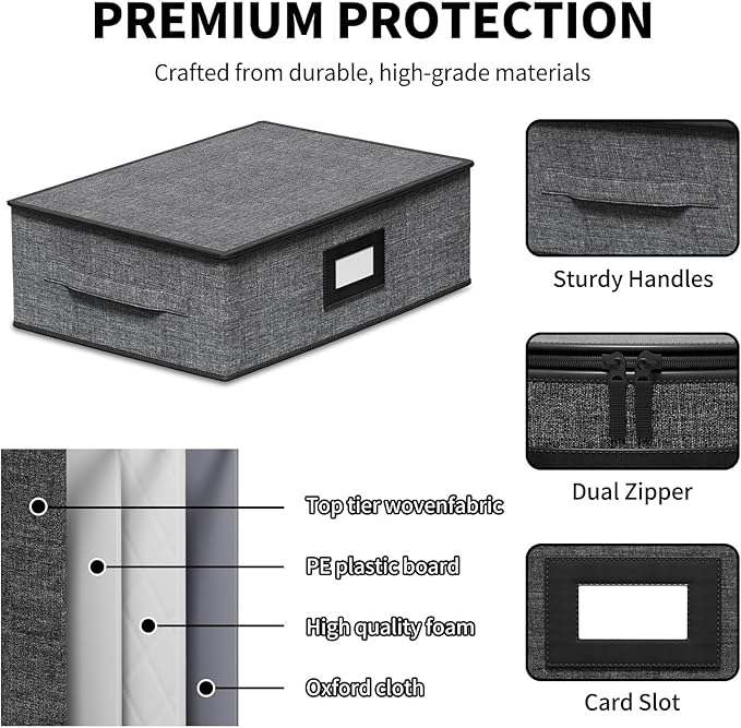 Aokeyee 2-Pack Cup & Mug Storage Box with Dividers, Hard Shell Organizer with Lid, Handles, Zippers & Label Slot, Holds 24 Mugs, Teacups & Glasses, Stackable Containerfor Moving & Protection, Grey