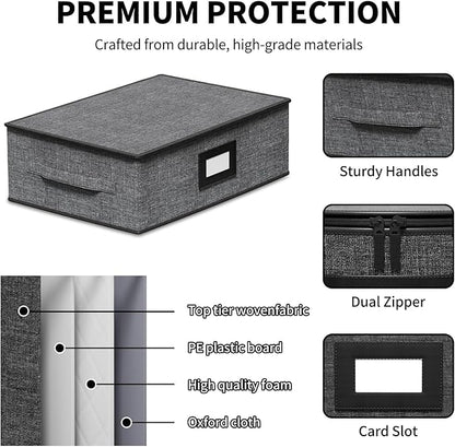 Aokeyee 2-Pack Cup & Mug Storage Box with Dividers, Hard Shell Organizer with Lid, Handles, Zippers & Label Slot, Holds 24 Mugs, Teacups & Glasses, Stackable Containerfor Moving & Protection, Grey