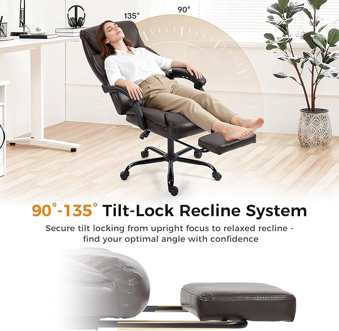 Office Chair, Executive High Back Leather Home Office Desk Chair with Footrest & Lumbar Support - Ergonomic Reclining Comfortable Wide Swivel Rolling Gaming Computer Chair 90-135° Adjustable Tilt Lock