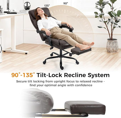 Office Chair, Executive High Back Leather Home Office Desk Chair with Footrest & Lumbar Support - Ergonomic Reclining Comfortable Wide Swivel Rolling Gaming Computer Chair 90-135° Adjustable Tilt Lock