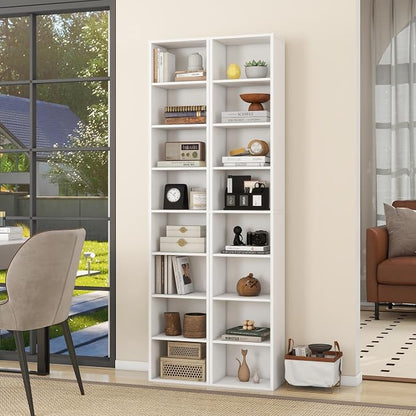 Panana 8 Tier Storage Shelf Bookcase, Slim Organizer Shelves Cabinet Tall Narrow Media Tower Rack Display Bookshelf for Home Office (White)