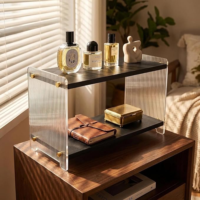 Coffee Station Organizer 2 Tier, Solid Wood Mug Shelffor Coffee Bar,Matcha Station,Tea Storage - Holds Mugs,Beans,Syrup,Cups,Tirrers (Black, 15.4" L x 5.7" W x 8.2" H)