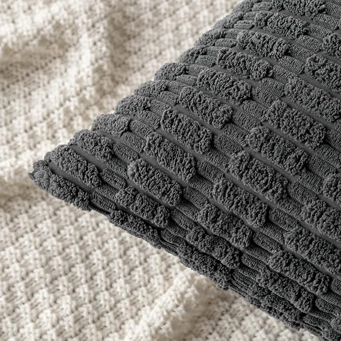 MIULEE Pack of 2 Corduroy Decorative Throw Pillow Covers 20x20 Inch Soft Boho Striped Pillow Covers Modern Farmhouse Home Decor for Sofa Living Room Couch Bed Dark Grey