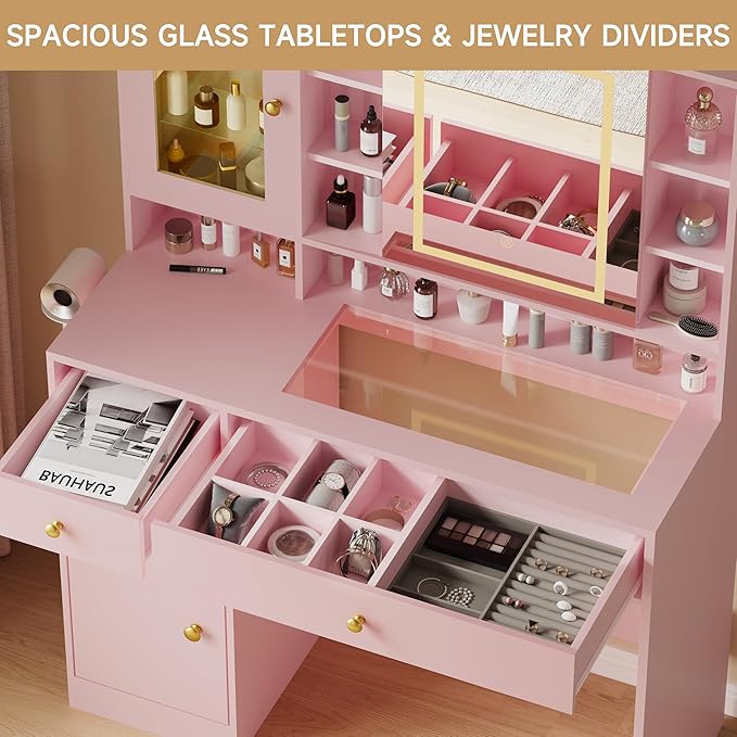 Vanity Desk with Mirror and Lights, Pink Vanity with Lighted Mirror and RGB Cabinet & Jewelry Organizers, Makeup Vanity Desk with Lights, Glass Top Dressing Table for Girls Bedroom