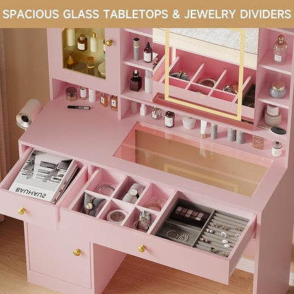 Vanity Desk with Mirror and Lights, Pink Vanity with Lighted Mirror and RGB Cabinet & Jewelry Organizers, Makeup Vanity Desk with Lights, Glass Top Dressing Table for Girls Bedroom
