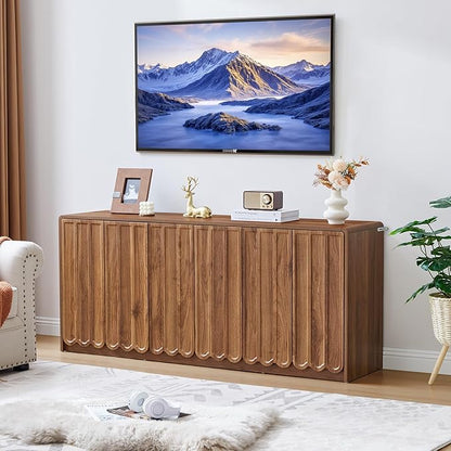 ORRD Sideboard Buffet Cabinet with Storage, Low Storage Cabinet Modern Wooden Accent Credenza Console Table TV Stand with 6 Wave Panel Doors for Kitchen Dining Living Room Entryway, Walnut