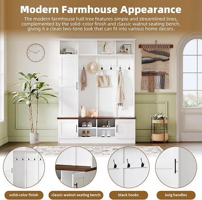 Merax Farmhouse Wood Hall Tree with 6 Hooks and Shoe Bench, Mudroom Versatile Coat Racks with Cabinets and Shelves, Entrance Organizer for Hallway White