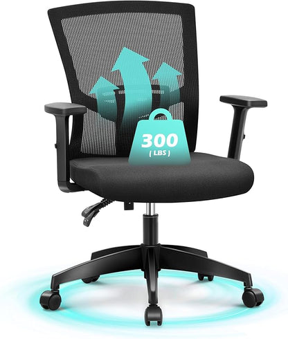 ALPHA HOME Office Chair Ergonomic, Mid Back Mesh Computer Chair with Lumbar Support Executive Stool with Adjustable Armrest & Seat Cushion, BIFMA & SGS Certified