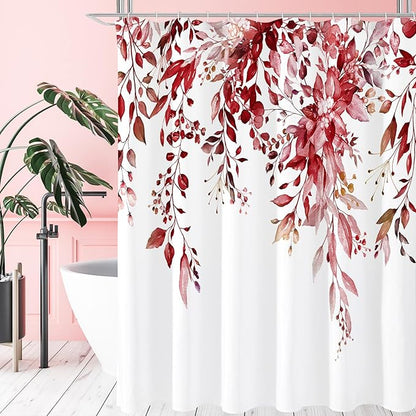 Gibelle Long Shower Curtain 72 x 78, Tall Burgundy Red Floral Shower Curtain for Bathroom, Watercolor Plant Eucalyptus Leaves Fabric Shower Curtain Set