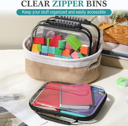 Sanwuta 4 Pcs Clear Hard Zipper Case with Handle Office Storage Cases Hard Plastic Pouches Transparent Bins for Crafts, Snacks, Cosmetics, Puzzles(9.8 x 7.9 x 2 Inches,Black)