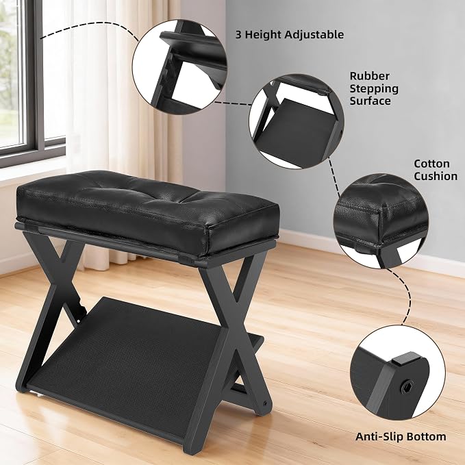 Adjustable Height Foot Rest Under Desk at Work, Double Step Wooden Under Desk Footrest, Non-Slip EVA Surface, Office Foot Stool for Posture Support, Leg Relief, Home Office & Gaming-Black