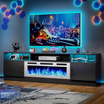 MXV 70" Fireplace TV Stand with Power Outlet for TVs UP to 80", Electric Fireplace Entertainment Center with LED Lights & Storage Cabinets, TV Console for Living Room, Office, Black-White
