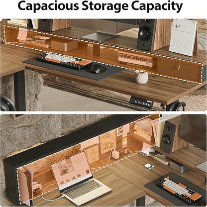 Agilestic L-Shaped Electric Standing Desk, 63x55 Inch Ergonomic Adjustable Height Desk with Storage, Stand Up Corner Desk Sit Stand Computer Table Power Outlet & LED Lights, Office Table, Dark Walnut