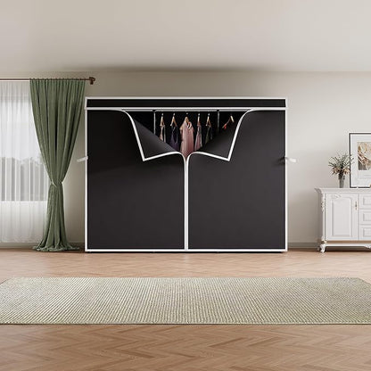 H8 Garment Rack with Cover, Portable Closet for Hanging Clothes, Heavy Duty Clothes Rack Wardrobe Closet Organizer and Storage, Black Clothing Rack Shelf with Black Fabric Cover