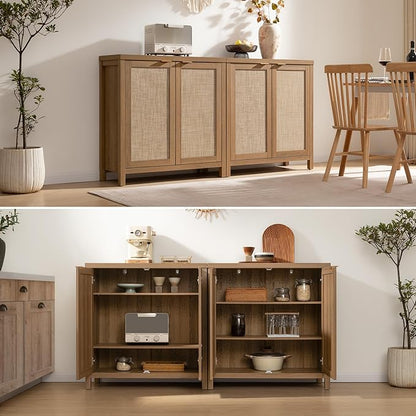 SICOTAS Sideboard Buffet Coffee Bar Cabinet - 3 Pieces Farmhouse Boho Rattan Credenza Storage Cabinet with Large Storage for Kitchen, Living Room, Entryway, Oak