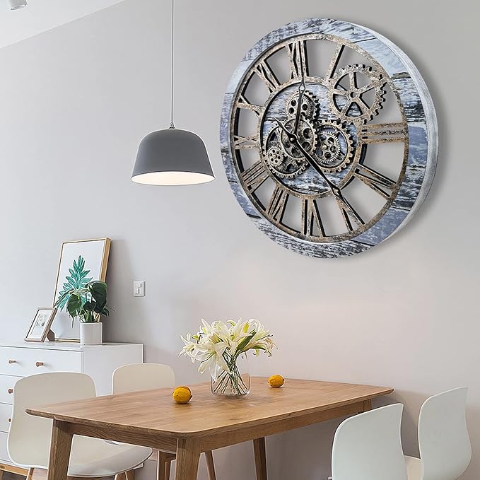 The B-Style Large Wall Clock 24 inch Moving Gear Wall Clock Oversized Vintage Farmhouse Wall Clocks for Living Room Decor Rustic Industrial Wood Clock (Aqua Green)