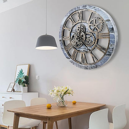 The B-Style Large Wall Clock 24 inch Moving Gear Wall Clock Oversized Vintage Farmhouse Wall Clocks for Living Room Decor Rustic Industrial Wood Clock (Aqua Green)