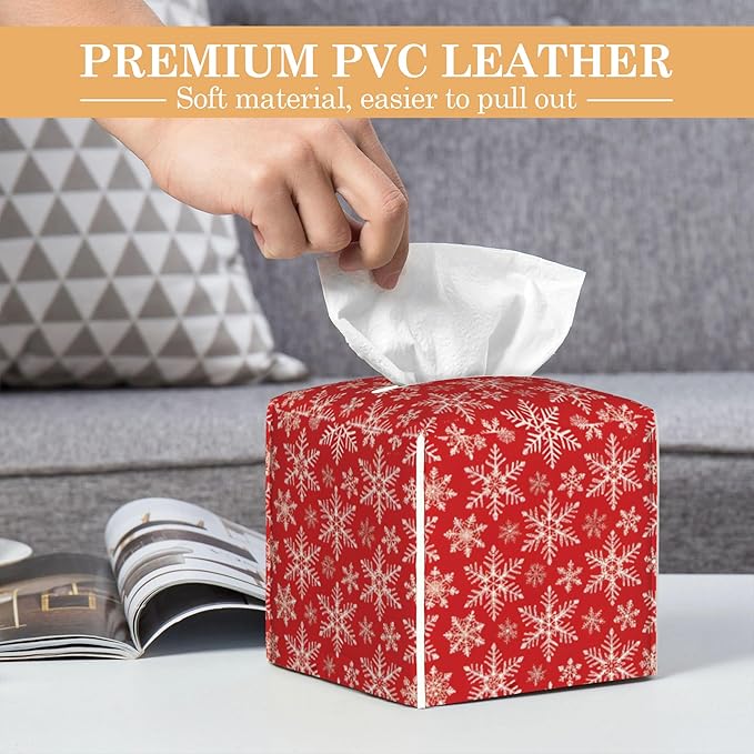 Tissue Box Cover Holder, Christmas Red Plaid Square with Bottom Belt by PU Leather Decorative Organizer for Tabletop, Bathroom, Car, Office