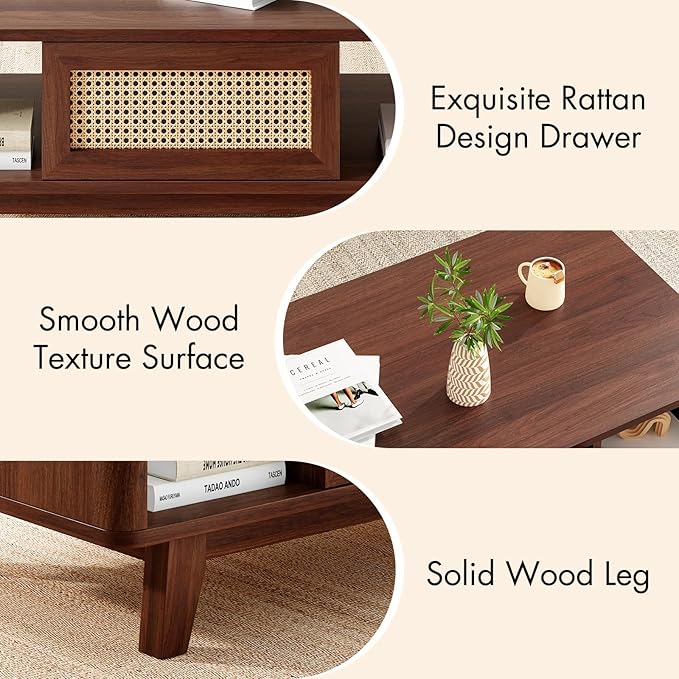 Soohow Coffee Table, Mid Century Living Room Tables with Storage, Modern Square with Rattan Drawer, Wooden Living Room Table with Solid Wood Leg