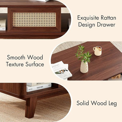 Soohow Coffee Table, Mid Century Living Room Tables with Storage, Modern Square with Rattan Drawer, Wooden Living Room Table with Solid Wood Leg