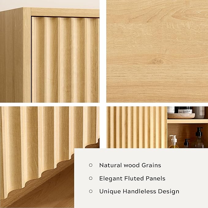 Fluted Wall Cabinet, Modern Medicine Cabinet Bathroom with Doors and Adjustable Shelf Towel Rack Wood Storage Cabinet for Kitchen Dining Room Living Room, Natural Oak