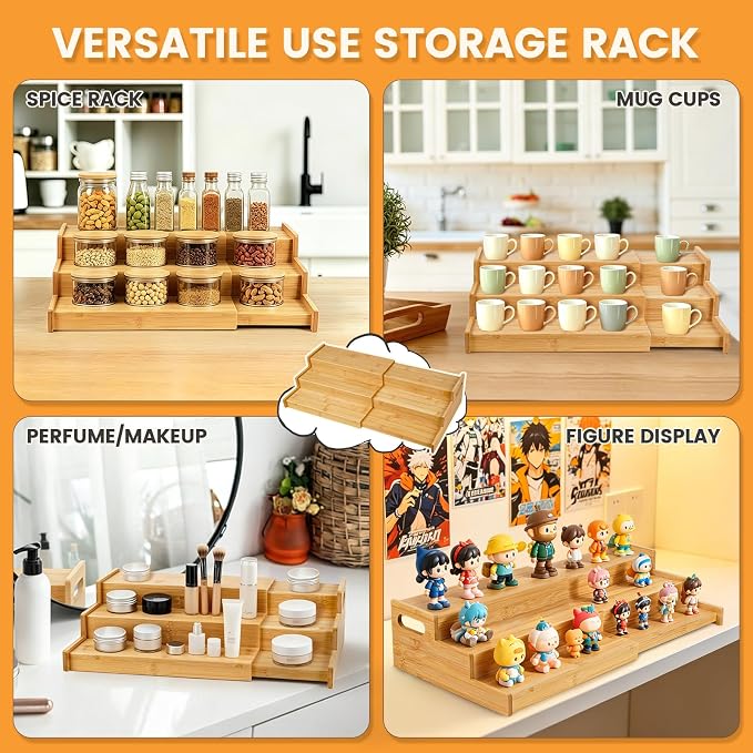 Expandable Bamboo Can Rack Organizer, 3 Tier Canned Food Storage Holder for Pantry, Adjustable Pantry Soda Can Organizer Shelf for Kitchen Spice, Countertop, Cat Food, Cabinet Storage Hold for 24 Cans