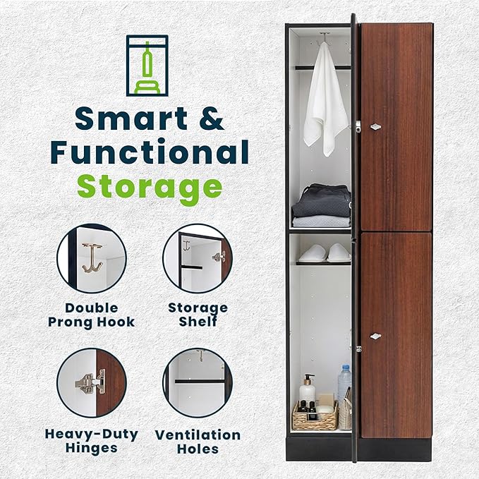 Alpine 4 Door Wooden Locker Cabinet - 72" Expandable Commercial Storage Lockers for Gym, Spa, Office & Golf Club - Includes Metal Base & Lock-Ready Handles, Double Column 2 Tier - Walnut
