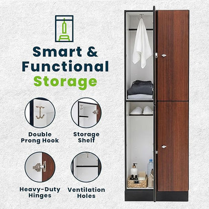 Alpine 4 Door Wooden Locker Cabinet - 72" Expandable Commercial Storage Lockers for Gym, Spa, Office & Golf Club - Includes Metal Base & Lock-Ready Handles, Double Column 2 Tier - Walnut