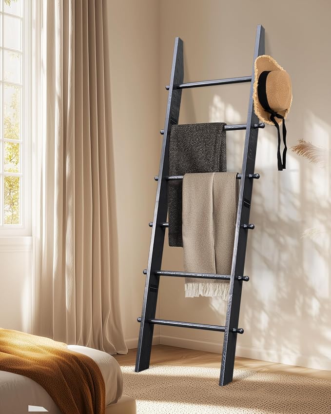 TEAKMAMA 6-Tier Blanket Ladder with Hanging Knobs, 5.5 Ft Wall Leaning Blanket Ladders for Living Room Bedroom,Rustic Decorative Storage for Quilts,Throws,Easy to Assemble,Black