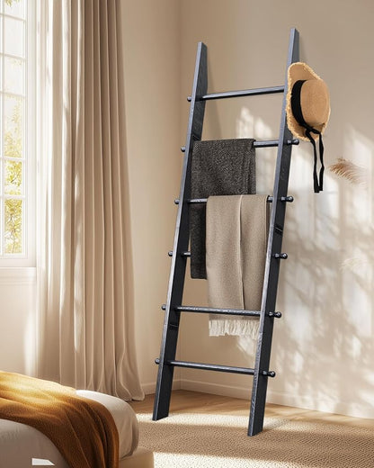 TEAKMAMA 6-Tier Blanket Ladder with Hanging Knobs, 5.5 Ft Wall Leaning Blanket Ladders for Living Room Bedroom,Rustic Decorative Storage for Quilts,Throws,Easy to Assemble,Black