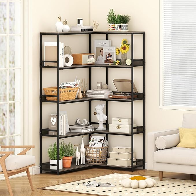 Giantex 5-Tier Corner Bookshelf, 71" L-Shaped Bookcase, Tall Etagere Bookshelf with Metal Frame, Industrial Open Display Shelf, Vertical Storage Rack for Living Room, Study, Office (Oak)