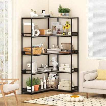 Giantex 5-Tier Corner Bookshelf, 71" L-Shaped Bookcase, Tall Etagere Bookshelf with Metal Frame, Industrial Open Display Shelf, Vertical Storage Rack for Living Room, Study, Office (Oak)