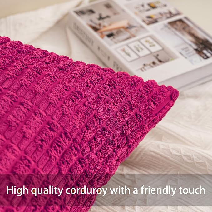 Aegero Pack of 2 Corduroy Decorative Throw Pillow Covers 24x24 Inch Soft Striped Pillow Covers Modern Farmhouse Home Decor for Sofa Living Room Couch Bed（Rose Red）