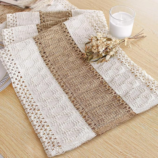 FEXIA Boho Table Runner for Home Coffee Decor 36 Inches Long Farmhouse Rustic Table Runner Macrame Burlap Centerpieces for Tables Decoration for Kitchen Bedroom Decor Bridal Shower (12x36 Inches)