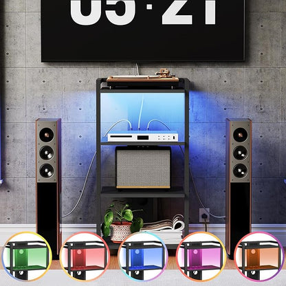 HOOBRO Game Console Shelf, 4-Tier Video Gaming Consoles Stand with Outlet & RGB Light, Audio Rack Tower for Turntable, Stereo Equipment, Wooden Entertainment Storage Stand, Black BB38UDCJ01