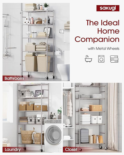 Sakugi Storage Shelves Organizer - 5 Tier Metal Shelf Organizer with Metal Wheels and Adjustable Leveling Feet, Heavy Duty Garage Shelving for Kitchen, Pantry and Closet, 33.1"x12.6"x73.5", Sliver