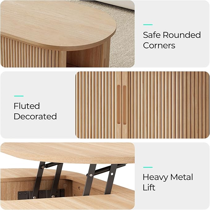 LINSY Lift Top Coffee Table, Oval Fluted Coffee Table with Storage, Boho Wooden Coffee Tables with Sliding Tambour Door, 39" Center Table for Living Room, Office, Small Space, Natural Oak