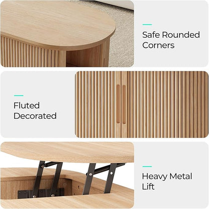 LINSY Lift Top Coffee Table, Oval Fluted Coffee Table with Storage, Boho Wooden Coffee Tables with Sliding Tambour Door, 39" Center Table for Living Room, Office, Small Space, Natural Oak