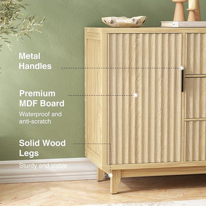 47.2" W Storage Cabinet with 3 Drawers, Fluted Buffet Cabinet with Storage, Large Sideboard Cabinet with 2 Door, Modern Mid Century TV Stand Coffee Bar Cabinet for Living Room, Kitchen, Entryway