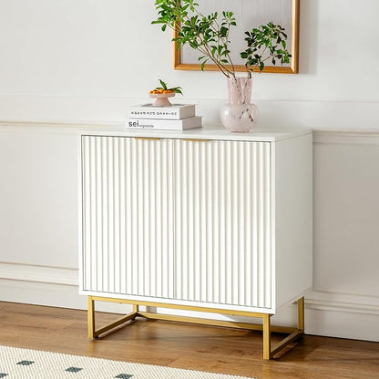 Fluted Storage Cabinets Set of 2, Sideboard Buffet Cabinet Accent Cabinet with Adjustable Shelves, Modern Credenza, Console Table Entryway Cabinets for Living Room, White