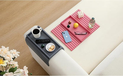 Bamboo Couch Arm Tray Table，Foldable Sofa Armrest Tray Table for Couch，Flexible and Anti-Slip Couch Arm Cup Holder，Portable Sofa Arm Chair Table for Drink,Cups, Eats，Snacks, Phone, Remote (Pink)