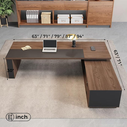 L-Shaped Executive Desk with LED Lights, Lockable Storage & 3-in-1 Charging Station, Reversible Cabinet, Modern Wood Office Desk for CEO, Manager & Home Office(Red Walnut+Black, 95"L*71"W*30"H)