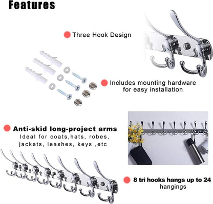 Dseap Coat Rack Wall Mount - 29.5” Long 8-Tri-Hooks Heavy Duty Coat Hanger Rail Wall Hooks for Hanging Coats Hats Clothing Clothes Purse Mudroom Entryway, Chromed, Pack of 2