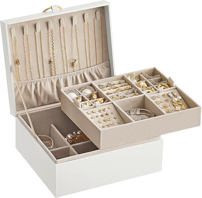 SONGMICS 2-Layer Jewelry Box, Jewelry Organizer with Handle, Removable Jewelry Tray, Jewelry Storage, Floating Effect, 8.1 x 9.4 x 4.3 Inches, Gift Idea, White UJBC165W01