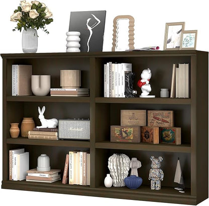 blini Bookshelf Double Wide 64 in 3-Tier 6 Cube Storage Organizer Wooden Bookcase for Bedroom and Home Office Decor Display