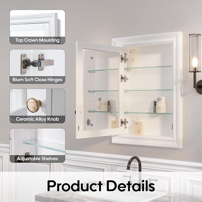 WELLFOR 24"x 32" Bathroom Medicine Cabinet with Mirrors, Recessed Wood Medicine Cabinet with 3-Tier Adjustable Glass Shelves and Soft-Close Door