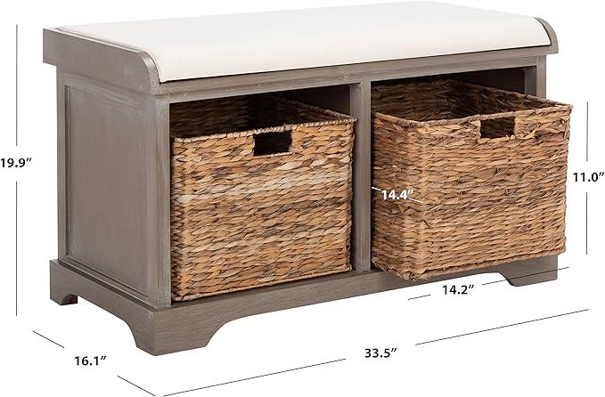 SAFAVIEH Home Collection – Freddy White Wash Storage Bench with Wicker Baskets & Cushion, Entryway Seating Bench, Fully Assembled (AMH5736G)