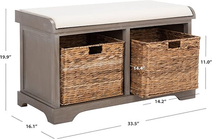 SAFAVIEH Home Collection – Freddy White Wash Storage Bench with Wicker Baskets & Cushion, Entryway Seating Bench, Fully Assembled (AMH5736G)